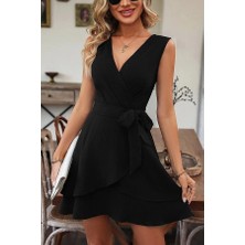 Fy Butik Kadın Kolsuz Kruvaze Yakalı Belden Kuşaklı Janjan Krep Elbise