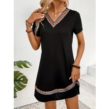 Fy Butik Kadın Kısa Kollu V Yakalı Etnik Desen Şerit Detaylı Viskon Elbise