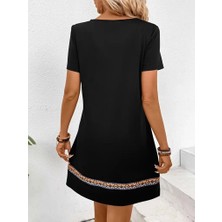 Fy Butik Kadın Kısa Kollu V Yakalı Etnik Desen Şerit Detaylı Viskon Elbise