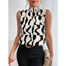 Fy Butik Kadın Kolsuz Balıkçı Yaka Desenli Süprem Bluz