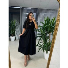 Arben Boutique Kadın Kısa Kollu Bisiklet Yaka Fiyonk Broşlu Midi Janjan Krep Elbise