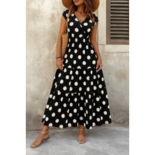 Fy Butik Kadın Kısa Kollu Kruvaze Yaka Beli Lastikli Süprem Maksi Boy Elbise