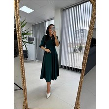 Arben Boutique Kadın Kısa Kollu Bisiklet Yaka Fiyonk Broşlu Midi Janjan Krep Elbise