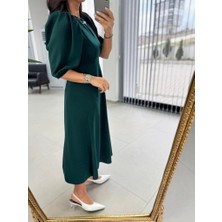 Arben Boutique Kadın Kısa Kollu Bisiklet Yaka Fiyonk Broşlu Midi Janjan Krep Elbise
