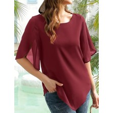 Arben Boutique Kadın Kısa Yırtmaç Kollu Yuvarlak Yaka Şifon Bluz