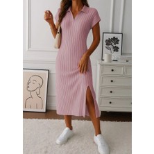 Fy Butik Kadın Kısa Kollu Yakalı Yandan Yırtmaçlı Kalın Fitilli Kaşkorse Elbise