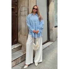 Olcay Çizgili Gömlek Beli Lastikli Pantolonlu İkili Takım MAVİ 7939-TK