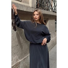 Olcay Oversize Premium Kumaş Sweat Etekli Takım Füme 7011-TK