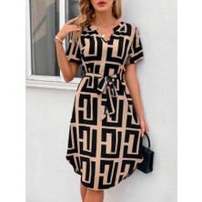 Fy Butik Kadın Kısa Kollu V Yakalı Desenli Kuşaklı Süprem Elbise