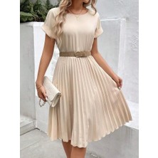 Fy Butik Kadın Kısa Kollu Yakası Açık Belden Lastikli Pileli Kısa Ithal Krep Elbise