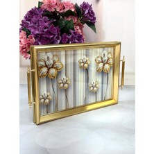 Ahşap Çerçeveli Cam Tepsi Inci Çiçekli  44/31 cm