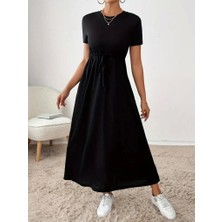 Fy Butik Kadın Kısa Kollu Bisiklet Yaka Belden Bağcıklı Cepli Viskon Elbise