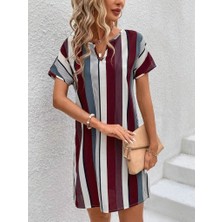 Fy Butik Kadın Kısa Kollu V Yakalı Çizgi Baskılı Süprem Elbise