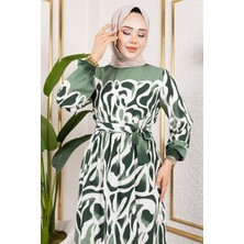Batik Desenli Tesettür Elbise Yeşil - Yeşil - 42