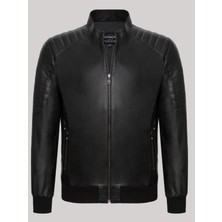 Deri Work Hakiki Kuzu Derisi Siyah Erkek Deri Mont Omuz Işlemeli Beli Lastikli Deri Ceket