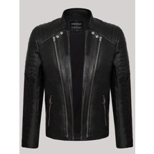 Deri Work Hakiki Kuzu Derisi Siyah Erkek Deri Mont Omuz ve Kolları Işlemeli Deri Ceket