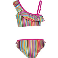 Kız Çocuk Çok Renkli Çizgili Fuşya Biyeli Bikini Takımı 25SG001ST
