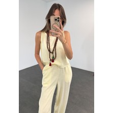 Sarı Sıfır Kol Bluz Pantolon Takım