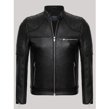 Deri Work Hakiki Kuzu Derisi Siyah Erkek Deri Mont Kolları Fermuarlı 3 Cepli Deri Ceket