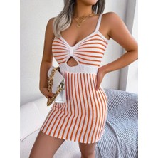 Fy Butik Kadın Kolsuz Askılı Pencere Detay Şerit Desen Mini Triko Elbise
