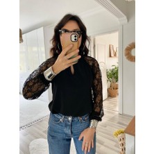 Yeni Sezon Balıkçı Yaka Kolu Tüllü Dantel Detaylı Balon Kol Göğüs Dekolteli Cut Out Detaylı Bluz