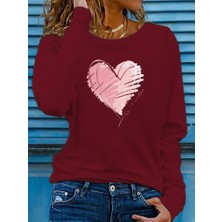 Fy Butik Kadın Uzun Kollu Bisiklet Yaka Kalp Desenli Viskon Bluz