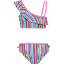 Kız Çocuk Çok Renkli Mavi Çizgili Pembe Biyeli Bikini Takımı 25SG003ST