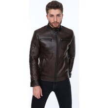 Deri Work Hakiki Deri Kahverengi Mostoles Fermuarlı Erkek Deri Ceket