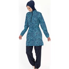 Allsea Mavi Desenli Tam Kapalı Tesettür Mayo –yarım Fermuarlı C9T3N06