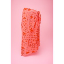 Kırmızı Kuş ve Balık Desenli Uzun Pareo Saten Iç Göstermez Kadın Plaj Elbisesi Yeni Sezon