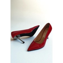 Hakiki Rugan Deri Kırmızı Kadın Stiletto – 9 cm Metal Ince Topuk Şık Sivri Burun Topuklu Ayakkabı