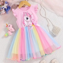 Kızlar Için Yazlık Unicorn Baskılı Tül Etekli Elbise Pembe S0024-25-26