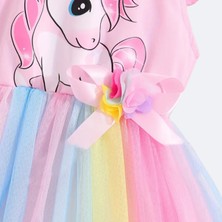 Kızlar Için Yazlık Unicorn Baskılı Tül Etekli Elbise Pembe S0024-25-26