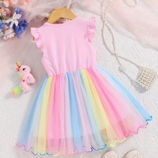 Kızlar Için Yazlık Unicorn Baskılı Tül Etekli Elbise Pembe S0024-25-26