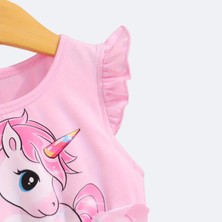 Kızlar Için Yazlık Unicorn Baskılı Tül Etekli Elbise Pembe S0024-25-26
