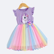 Kızlar Için Yazlık Unicorn Baskılı Tül Etekli Elbise Pembe S0024-25-26