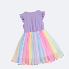 Kızlar Için Yazlık Unicorn Baskılı Tül Etekli Elbise Pembe S0024-25-26