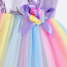 Kızlar Için Yazlık Unicorn Baskılı Tül Etekli Elbise Pembe S0024-25-26