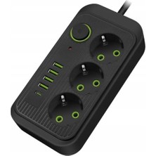 Akım Korumalı Grup Priz, 3’lü 1.5 Metre Kablolu, 4 Usb’li + Type-C, 3000W, 16 Amper, Kablo Üstünde Termal Koruma Sigortalı, Elektronik Ürünlerde Tam Koruma, Çocuk Korumalı, Topraklı (Siyah)