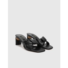 Trina Hakiki Deri Siyah Kadın Topuklu Terlik