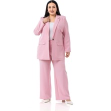 Büyük Beden Çizgili Pembe Ceket Pantolon Ikili Takım