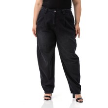 Büyük Beden Önü Pileli Yarım Balon Kesim Beli Arkadan Lastikli Cepli Denim Siyah Pantolon