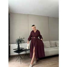 Kadın Kemer Detaylı Gömlek Elbise Bordo