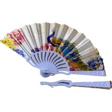 Tavus Kuşu Desenli Katlanır Kumaş Yelpaze 23 cm