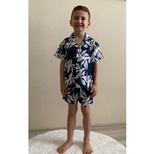 Cg Kids Lacivert Ince Keten Yaprak Desen Kaliteli Kumaş Erkek Çocuk Alt Üst Takım