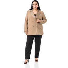 Büyük Beden Saten Yaka ve Düğme Detaylı Cepli Astarlı Vizon Ceket