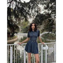Lacivert Mini Kot Elbise