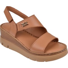 Beety Hakiki Deri Dolgu Taban Kadın Sandalet BEE-1127   Taba