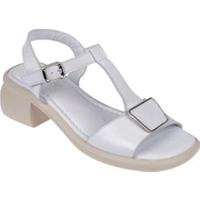 Sms Hakiki Deri Kalın Topuklu Kadın Sandalet SMS-1333   Beyaz