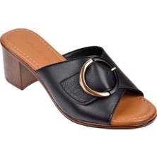 Castle Black Hakiki Deri 6 cm Topuklu Kadın Terlik CB-4576   Siyah